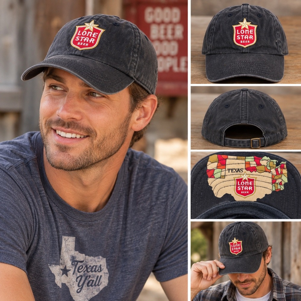 American Needle Lone Star Beer Hat Texas Map Navy Blue Washed Dad Cap Adjustable